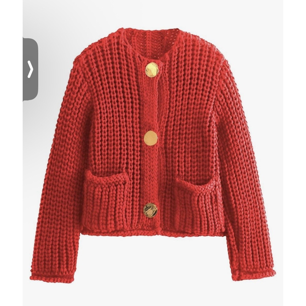 Ogfao Women Chunky Cropped Cardigan Sweater Size S In Red W/ Lg Gold Buttons